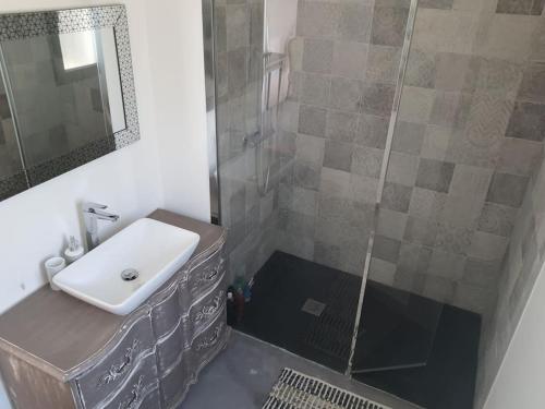 une salle de bain avec douche et lavabo dans l'établissement MAISON CONTEMPORAINE à 5KM DE BIARRITZ AVEC JACUZZI, à Bassussarry