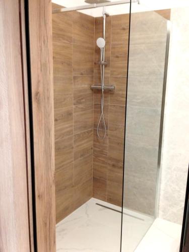 a shower with a glass door in a bathroom at Sosnowe Zacisze Barszczewo in Choroszcz