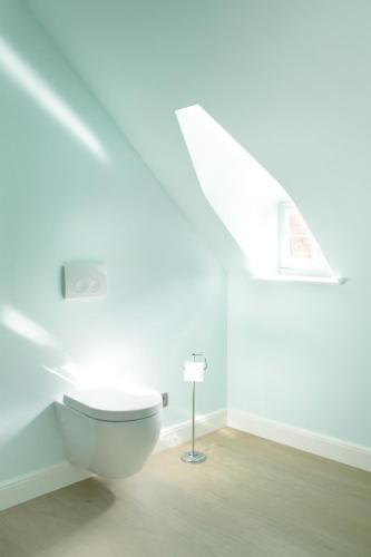 a white bathroom with a toilet and a skylight at D’oude Dune in Nieuwpoort