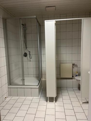 een badkamer met een douche en een toilet bij Zimmervermietung Conny in Elsterwerda