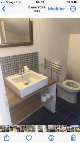 La salle de bains est pourvue d'un lavabo blanc et de toilettes. dans l'établissement L’Hourcadine, à Le Pin