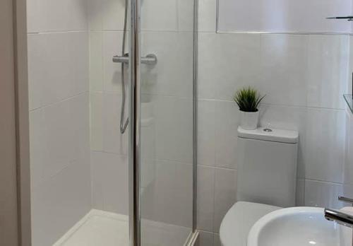 Un baño con ducha, inodoro y lavabo. en Apartment 14, The Moorings - Beachfront & panoramic sea views, en Filey