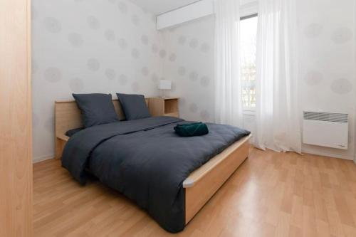 une chambre avec un grand lit avec des oreillers bleus dans l'établissement Le p'tit Lorry, à Metz