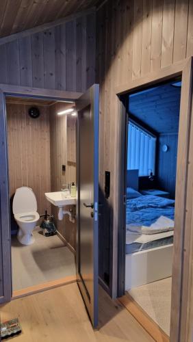 a room with a bathroom with a bed and a toilet at Cottage with a wiew in Sommarøy
