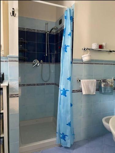 a bathroom with a shower with a glass door at Portovenere a due passi dal mare / parcheggio privato, ampio appartamento fino a 8 persone in Portovenere