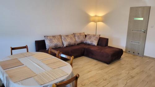 ein Wohnzimmer mit einem Sofa und einem Tisch in der Unterkunft Domek nad stawami II - Gospodarstwo Rybackie Jaworznik in Jaworznik