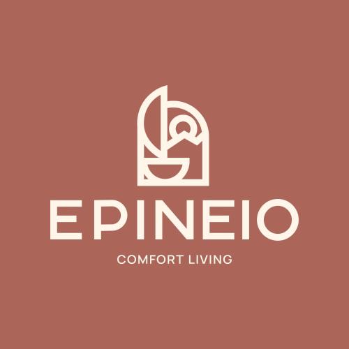 a logo for an apartment building with a cup of coffee at Epineio Comfort Living in Litochoro