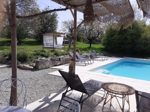 a swimming pool with chairs and a table next to it at Le Sens des Merveilles in Mane