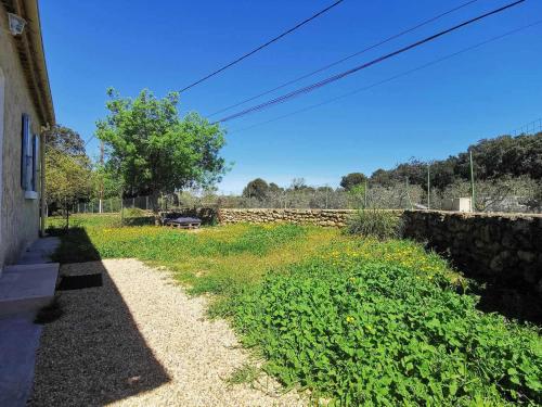 un chemin de terre à côté d'un champ avec un mur de pierre dans l'établissement Maison O Volets Bleus Calme Jardin, à Miramas