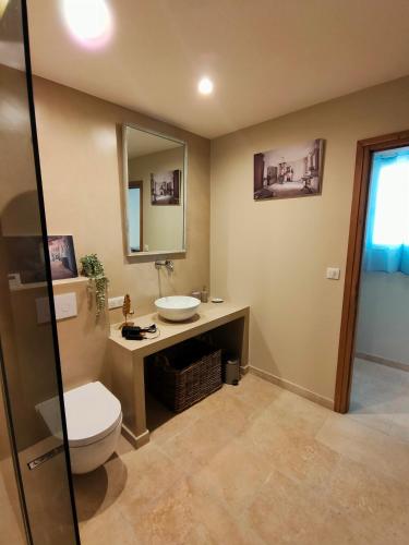 une salle de bain avec toilettes, lavabo et miroir dans l'établissement Le mas de Roussillon, à Roussillon