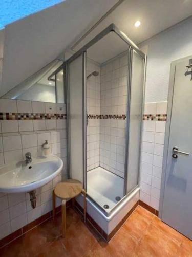 a bathroom with a shower and a sink at 2 Ferienwohnung - Ferien Mittendrin in Schwerin