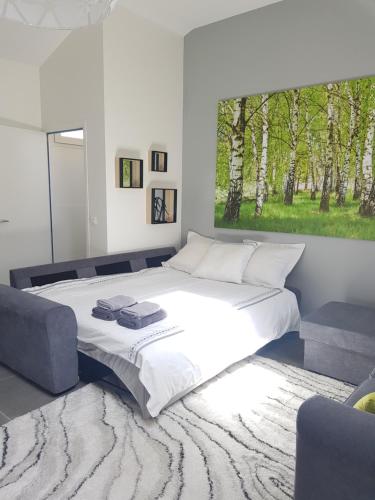 Un dormitorio con una cama grande y una ventana en Super Studio cosy proche de CDG en Le Thillay