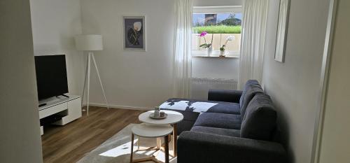 sala de estar con sofá azul y TV en Ferienwohnung Auszeit en Calw