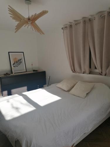 sypialnia z dużym białym łóżkiem z zasłonami w obiekcie VILLA DES HETRES w mieście Saint-Nectaire