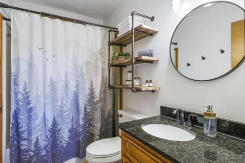 a bathroom with a toilet and a shower curtain with trees at Mountain Views Hot Tub FirePit Close to town in Blue Ridge