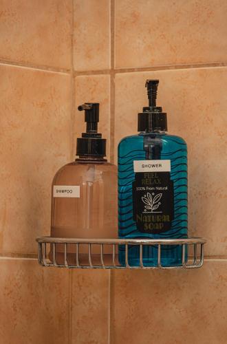 two bottles of soap on a shelf in a bathroom at Basiliki's Apartments in Archangelos
