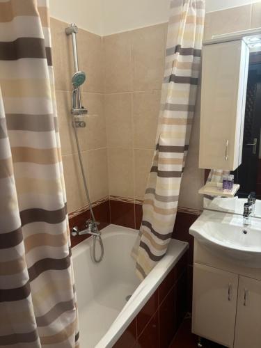 a bathroom with a bath tub and a sink at BLKI Vendégház in Tihany