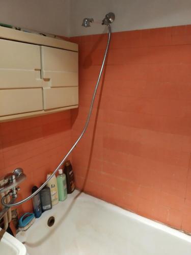 a shower with a hose attached to a wall at BUDroom in Rīga
