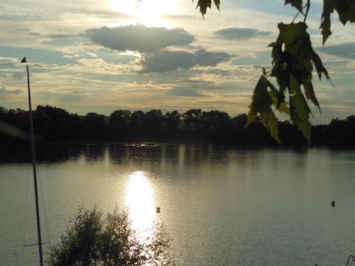 a view of a lake with the sun reflecting on the water at Maritime Freizeit Camp "MFC" Erfurter Seen in Stotternheim