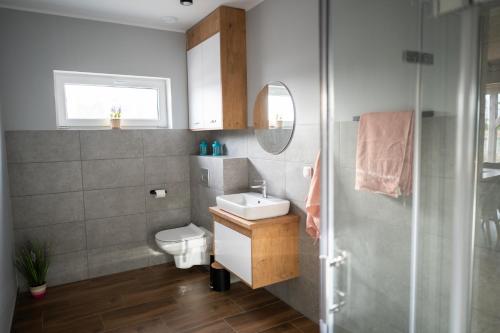 uma casa de banho com um WC, um lavatório e um chuveiro em NCNK Lawendowy Domek em Iława
