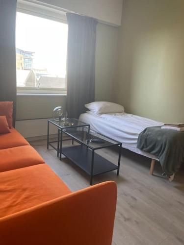 um quarto com uma cama, uma mesa e um sofá em G23 em Sarpsborg