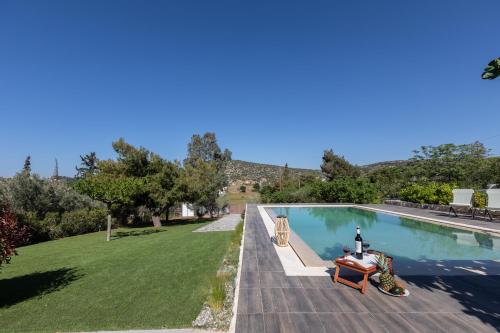 a person sitting on a bench next to a swimming pool at RELAXING POOL HOUSE IN LAGONISI 2 in Kalívia Thorikoú