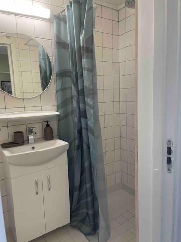 uma casa de banho com uma cortina de chuveiro e um lavatório em G23 em Sarpsborg