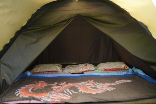a bed in a tent with a dragon on it at Bali Strawberry Glamping and Camp Bedugul in Tabanan