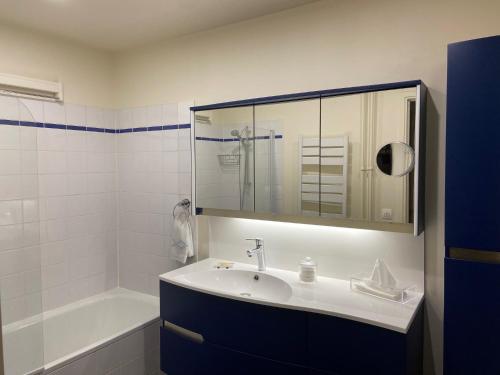 une salle de bain avec un lavabo et une baignoire dans l'établissement Confortable 3 pièces 75m2, Vincennes Centre, à Vincennes