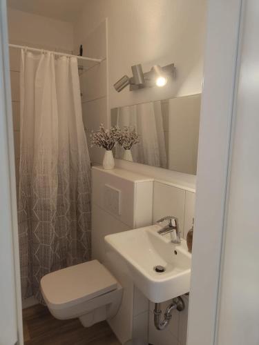 een witte badkamer met een toilet en een wastafel bij Guesthouse in Weeze in Weeze
