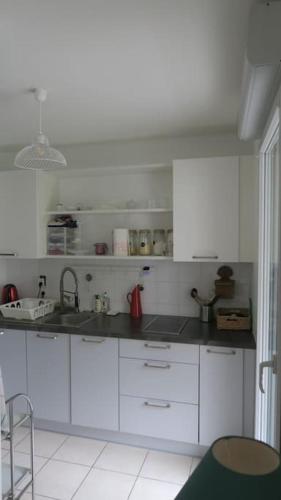 une cuisine avec des armoires blanches et un évier dans l'établissement Appartement confortable calme avec terrasse proche métro - accueil personnel, à Lyon