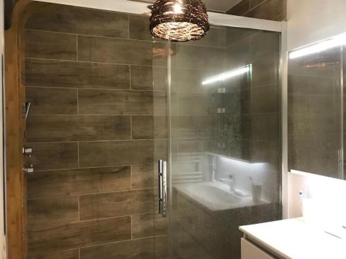 une salle de bain avec une douche en verre avec un lavabo dans l'établissement Appartement confortable calme avec terrasse proche métro - accueil personnel, à Lyon