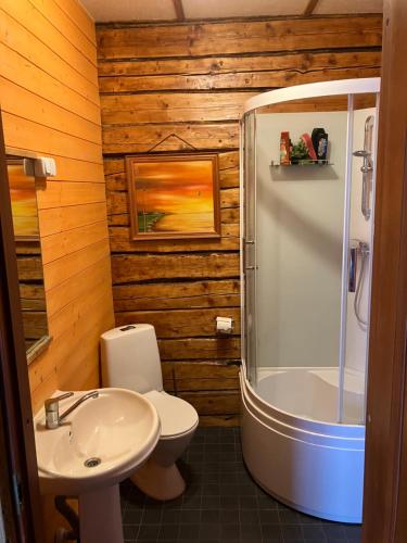 uma casa de banho com um chuveiro, um WC e um lavatório. em Kahene tuba em Tapa