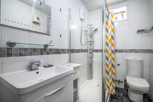 a bathroom with a sink and a shower and a toilet at Spacious Worcester City Centre House in Worcester