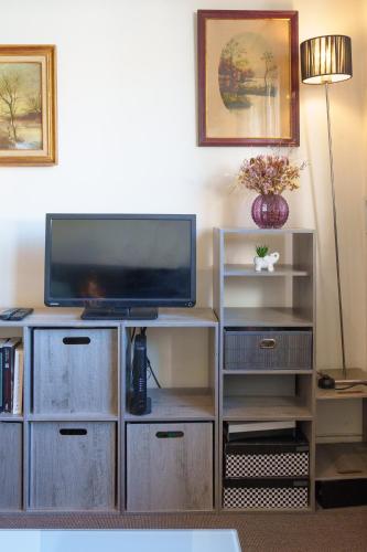 - un salon avec une télévision sur un centre de divertissement en bois dans l'établissement Le Sorbier By ApiRent #Wifi #Climatisation #Lumineux, à Cannes