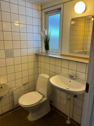 bagno con servizi igienici e lavandino di Danhostel Aalborg ad Aalborg