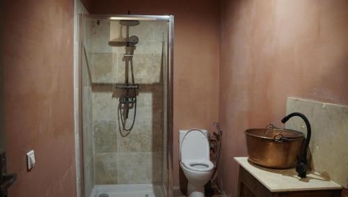 a bathroom with a shower and a toilet and a sink at River House in medieval bastide - Sleeps up to 6 in Chalabre