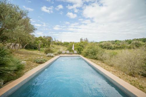 a large swimming pool in a yard with trees at Font in Artá