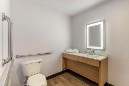 a bathroom with a toilet and a sink with a mirror at Comfort Suites Cheyenne in Cheyenne