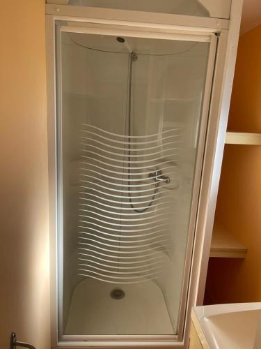 a shower with a glass door in a bathroom at Bungalow Martins Nazaré Land`s Hause in Pataias