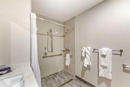 a bathroom with a shower and a toilet and towels at Kiota Inn, Ascend Hotel Collection in Sutter Creek