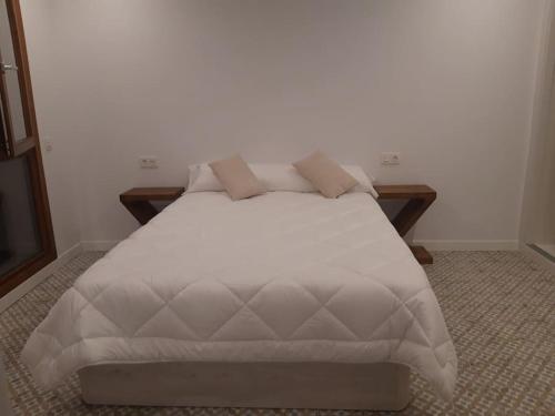 1 dormitorio con 1 cama blanca y 2 almohadas en Rincón en edificio Modernista en centro de Soria, en Soria