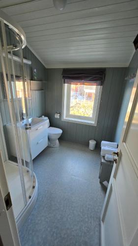 a bathroom with a shower and a toilet and a window at Hemmingodden Lodge in Ballstad