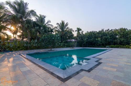 uma piscina no meio de um quintal com palmeiras em Jomo Resort em Alibag