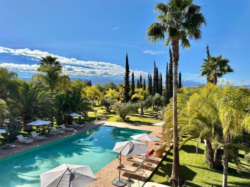 a swimming pool with umbrellas and palm trees at Palais Hassoun Marrakech in Oulad Snaguia