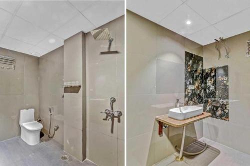 2 immagini di un bagno con servizi igienici e lavandino di HOTEL MAX a Nuova Delhi