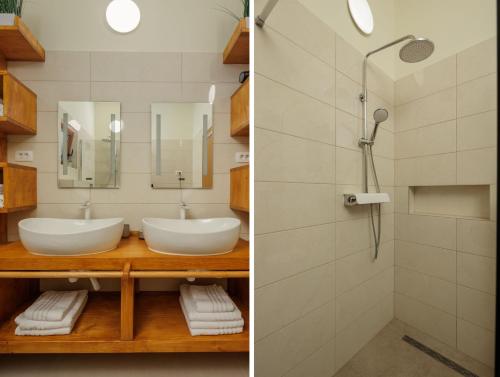 2 fotografias de uma casa de banho com um lavatório e um chuveiro em Villa Alora em Pridraga