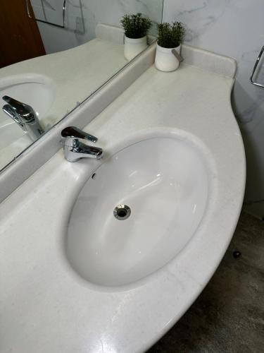 a white bathroom sink with two potted plants on it at PORT INN Hotel in Astana
