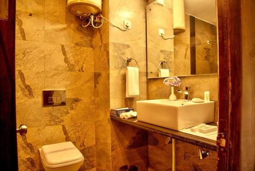 bagno con lavandino, servizi igienici e specchio di Hotel Palm Royal Palace Bhimtal a Bhimtal
