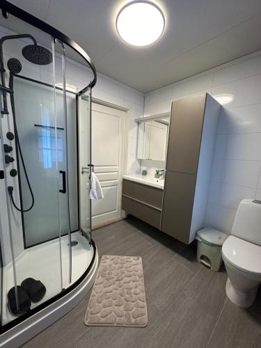 a bathroom with a shower and a toilet and a sink at Koselig rom i leilighet in Tromsø